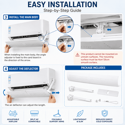 Step-by-step guide for installing an air conditioner with text and icons.