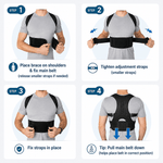 Step-by-step guide on how to wear a posture corrector with illustrations and text.