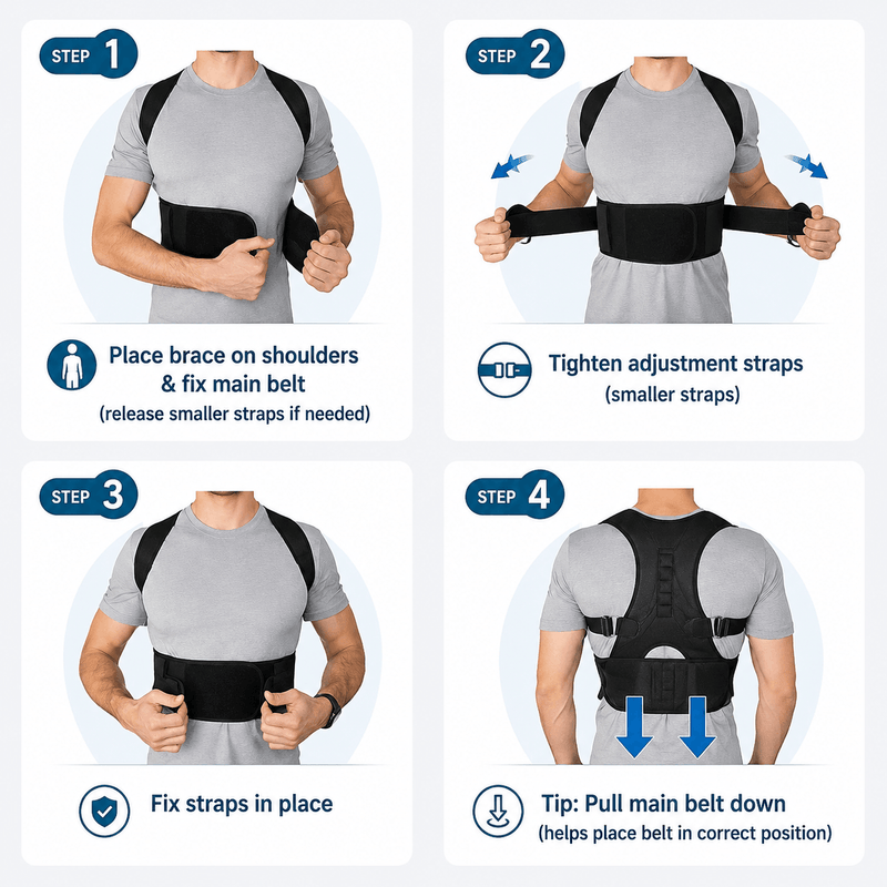Step-by-step guide on how to wear a posture corrector with illustrations and text.