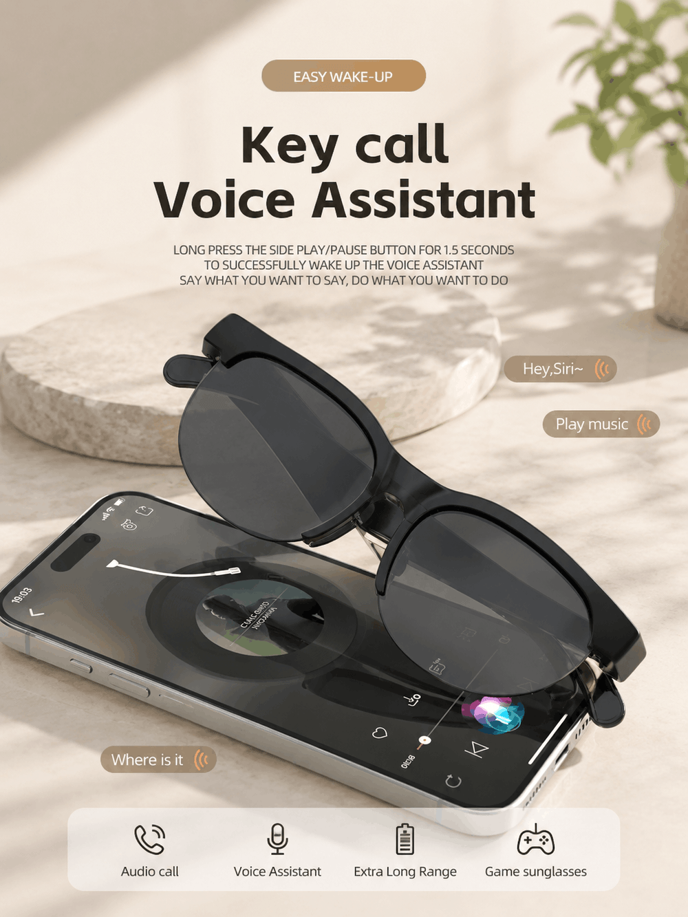 Sunglasses with a built-in smartphone and voice assistant interface on a light surface.