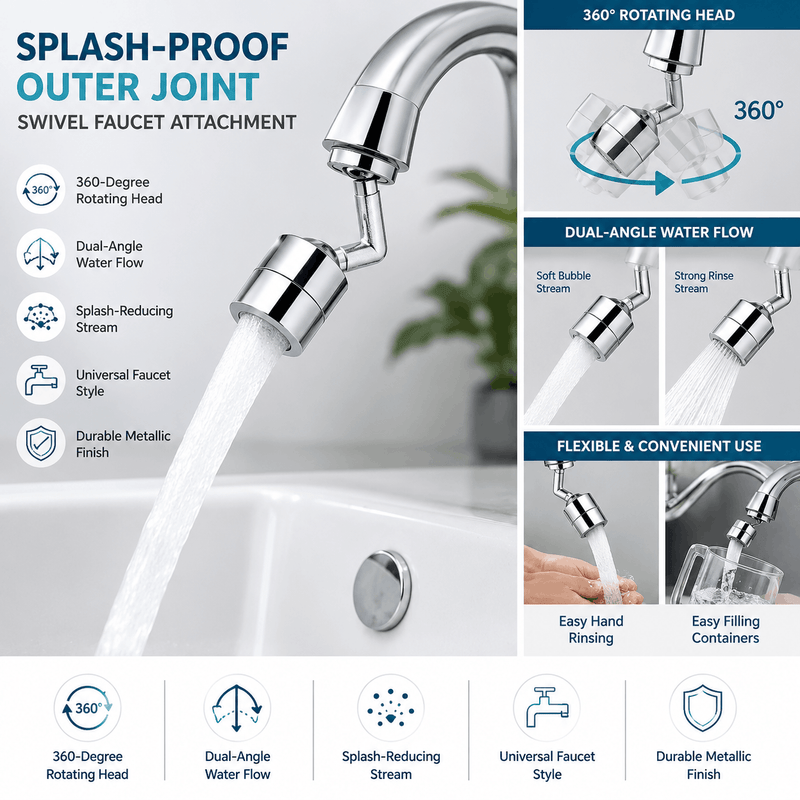 Swivel faucet attachment with features highlighted on a white background