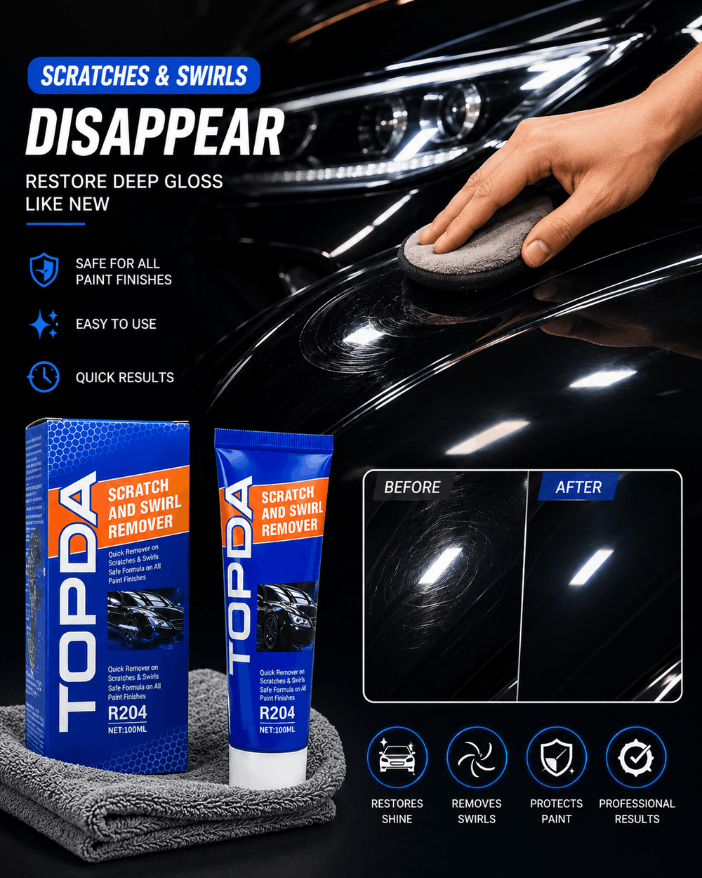 TOPDA R204 Scratch & Swirl Remover for removing car paint scratches, swirl marks, and restoring a glossy finish