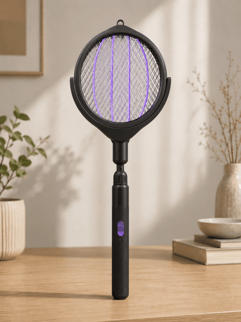 Telescopic electric mosquito swatter racket with foldable handle and round electric mesh grid for insect control
