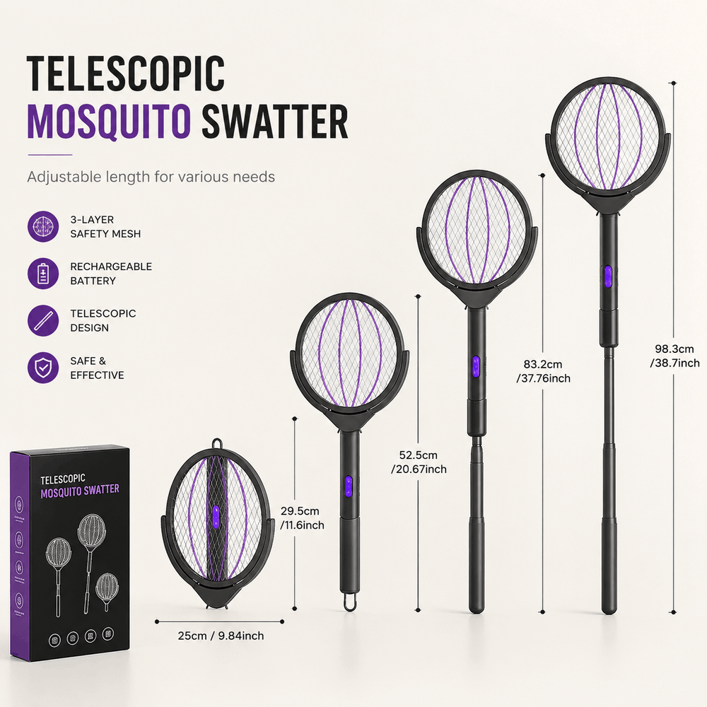 Telescopic mosquito swatter with packaging on a white background
