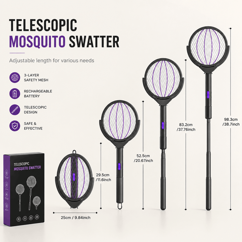 Telescopic mosquito swatter with packaging on a white background