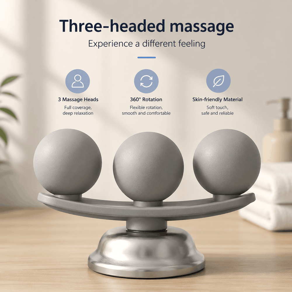 Three-headed massage tool with text highlighting features on a neutral background