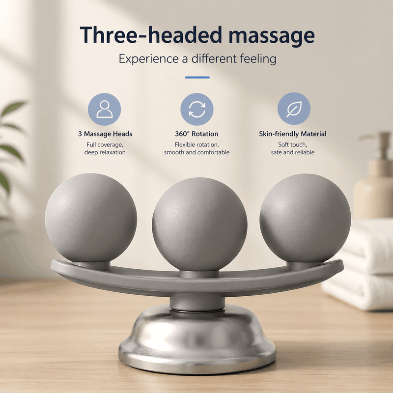Three-headed massage tool with text highlighting features on a neutral background