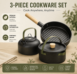 Three-piece cookware set with a frying pan, kettle, and pot on a wooden surface with a neutral background.