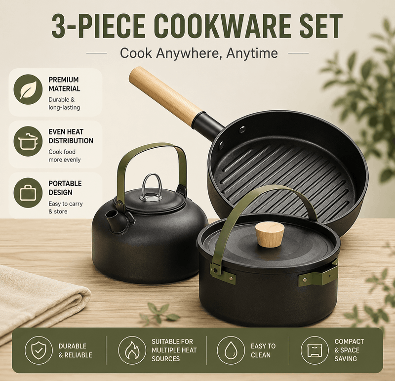 Three-piece cookware set with a frying pan, kettle, and pot on a wooden surface with a neutral background.