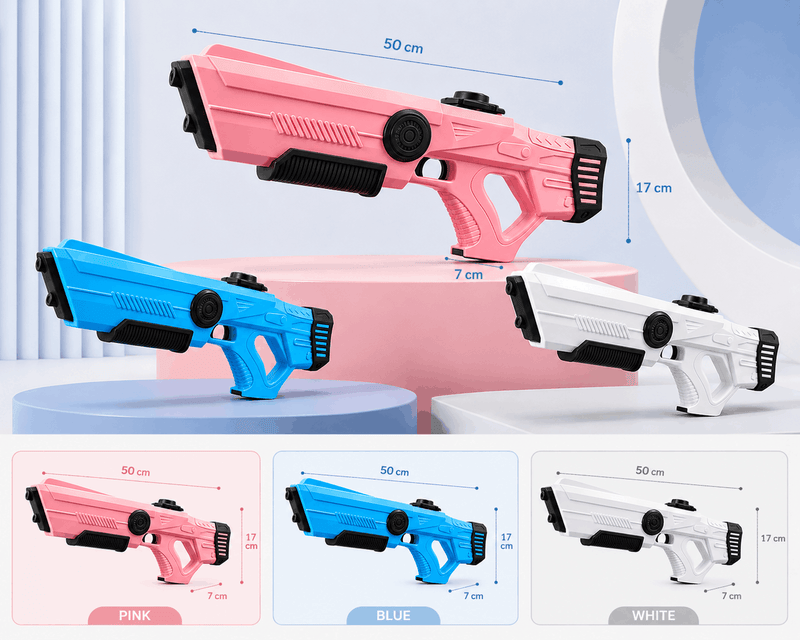 Three toy guns in pink, blue, and white with measurements on a light gray background.