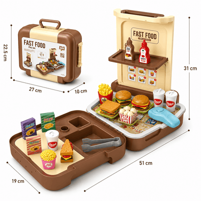 Toy fast food set with dimensions on a white background