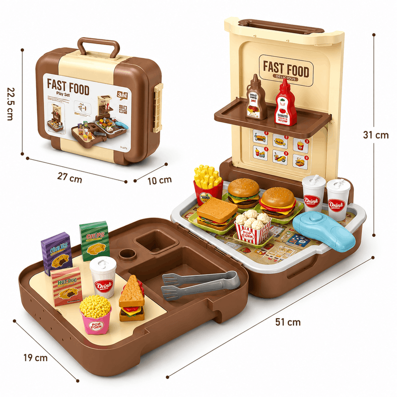 Toy fast food set with dimensions on a white background