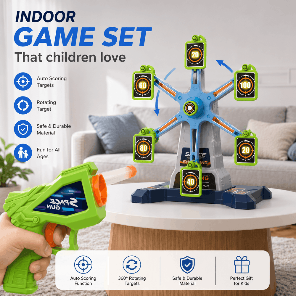 Toy gun and target set on a table with living room background