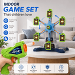 Toy gun and target set on a table with living room background