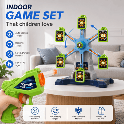 Toy gun and target set on a table with living room background
