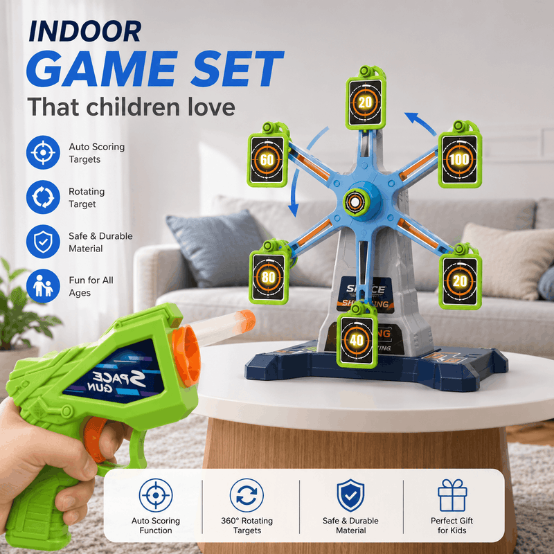 Toy gun and target set on a table with living room background
