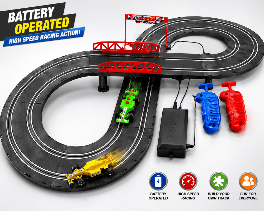 Toy race track set with cars and control panel on a white background