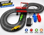 Toy race track set with cars and control panel on a white background