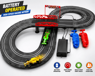 Toy race track set with cars and control panel on a white background
