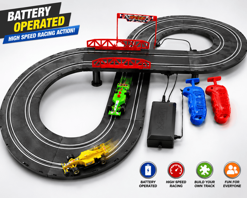 Toy race track set with cars and control panel on a white background