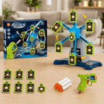 Toy set with a central device, packaging, and additional components on a table.
