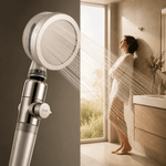 Turbocharged high pressure shower head with built in water purification filters showing fan like water flow