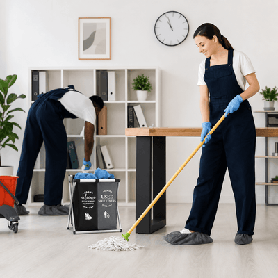Two cleaning professionals in a modern office cleaning the floor.