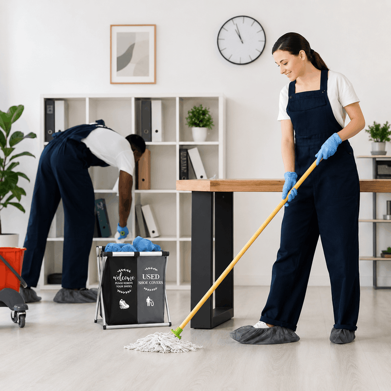 Two cleaning professionals in a modern office cleaning the floor.