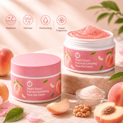 Peach Extract Fruit Acid Exfoliating Face Gel Cream in a pink jar with a peachy texture, promoting radiance and softness.
