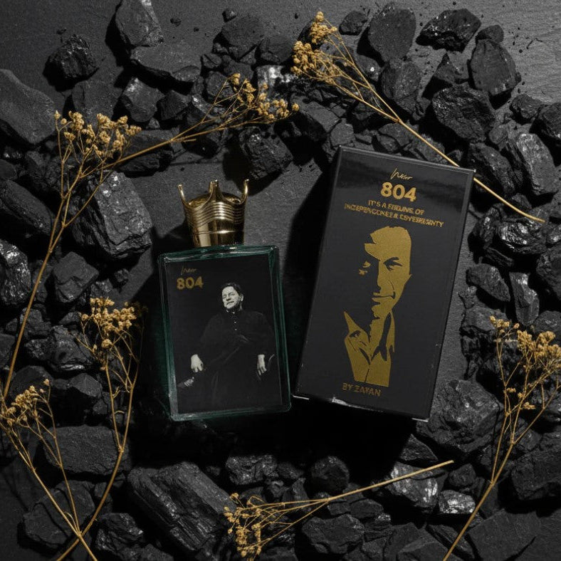 Two perfume bottles labeled '804' on a dark stone surface with dry plants. At Aezoon