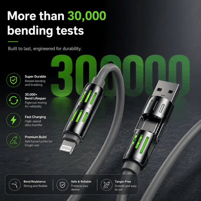 USB cable with lightning connector on a dark background, highlighting durability and features.