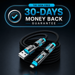 USB cable with lightning connector on a dark background with promotional text.