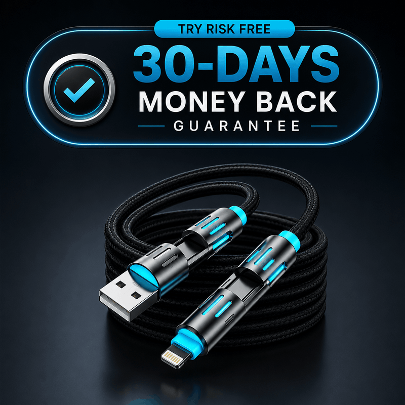 USB cable with lightning connector on a dark background with promotional text.