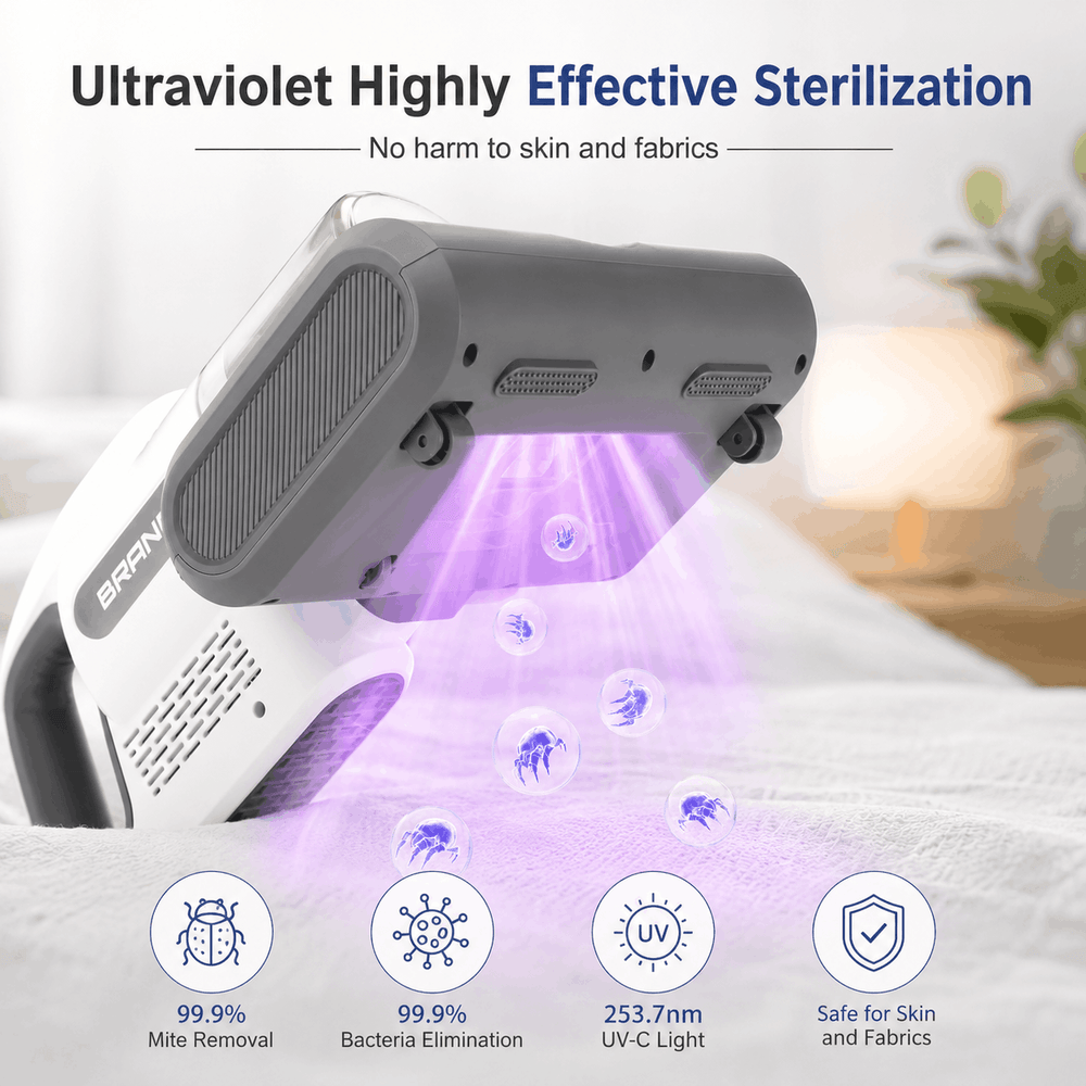 Ultraviolet sterilization device with text highlighting its effectiveness and safety.