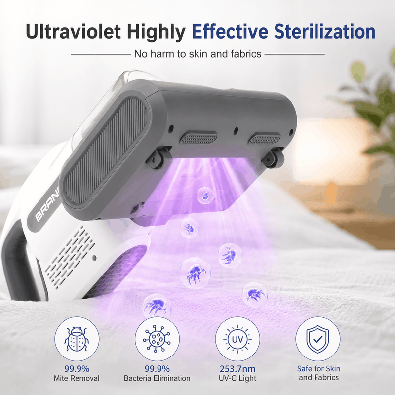 Ultraviolet sterilization device with text highlighting its effectiveness and safety.