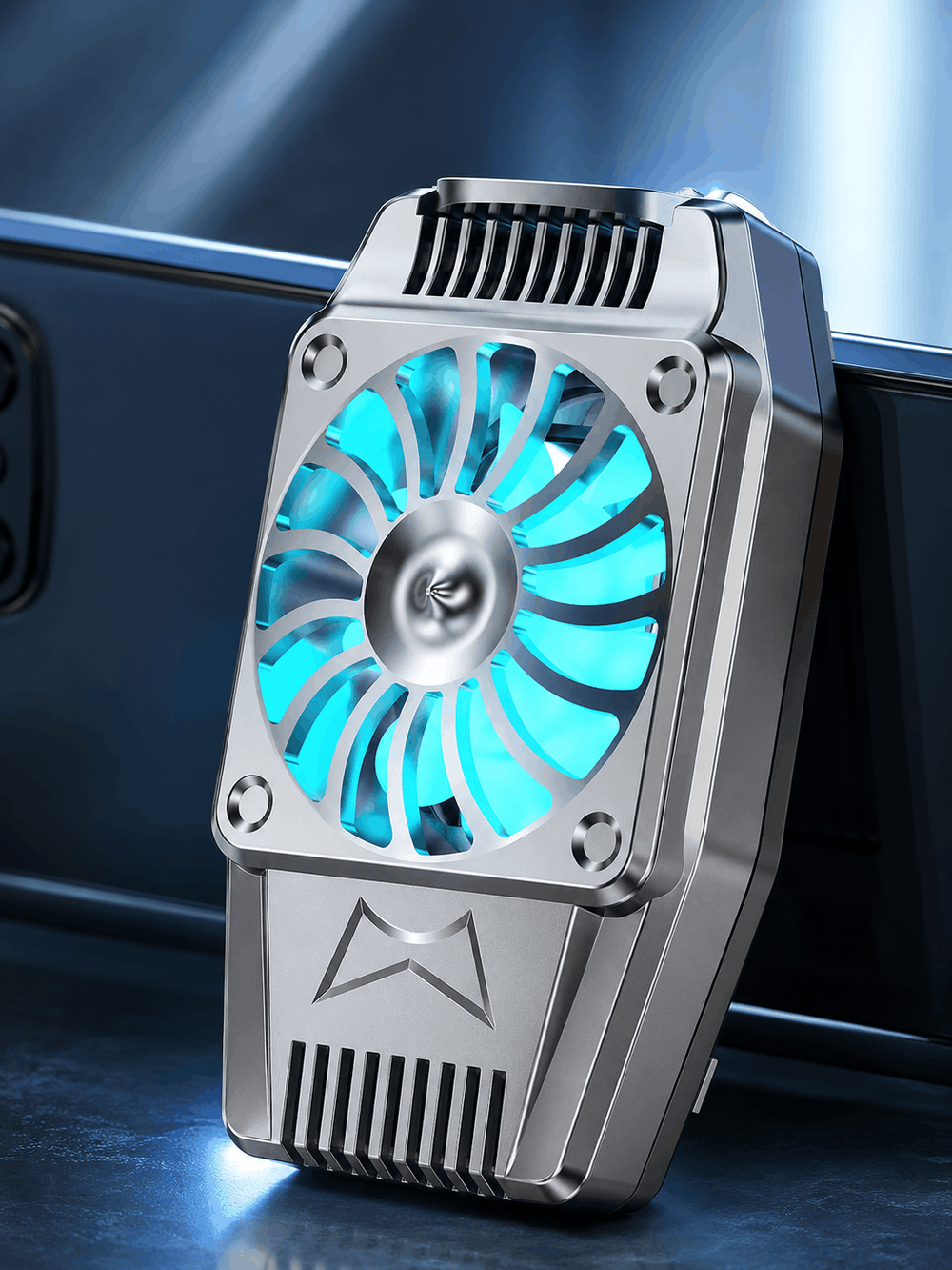 Universal mobile phone radiator cooling fan with cyan LED light backlight setup for mobile gaming