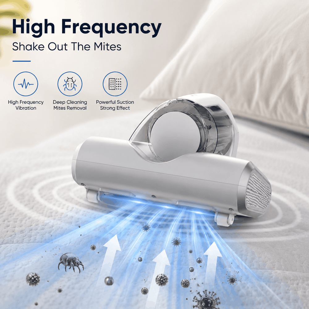 Vacuum cleaner with high-frequency vibration feature on a mattress background