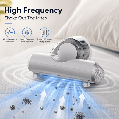 Vacuum cleaner with high-frequency vibration feature on a mattress background
