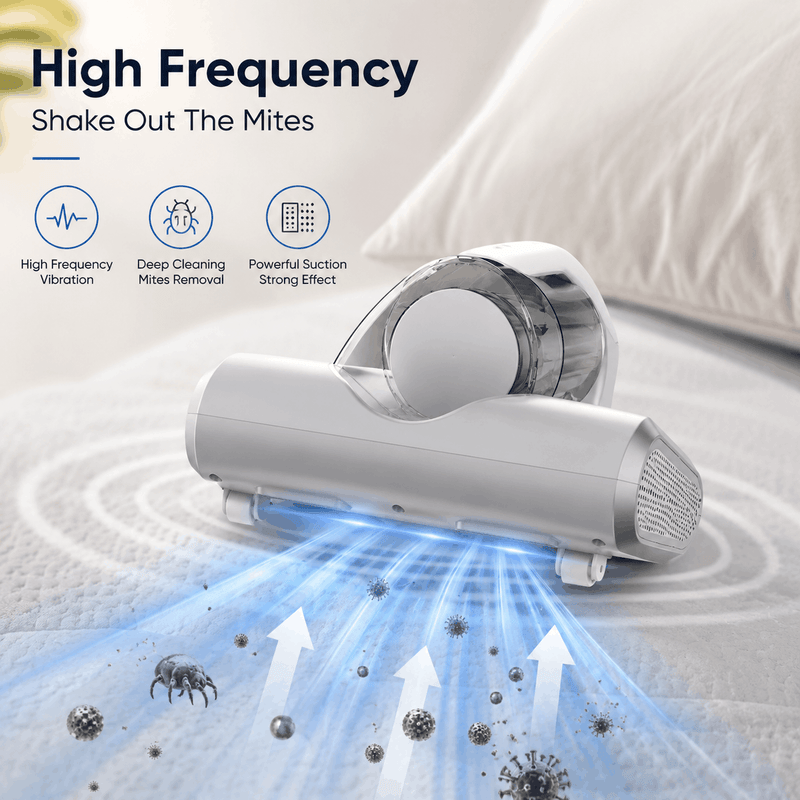 Vacuum cleaner with high-frequency vibration feature on a mattress background