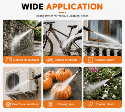 Versatile power washer applications including cleaning courtyards, bicycles, windows, and irrigating plants