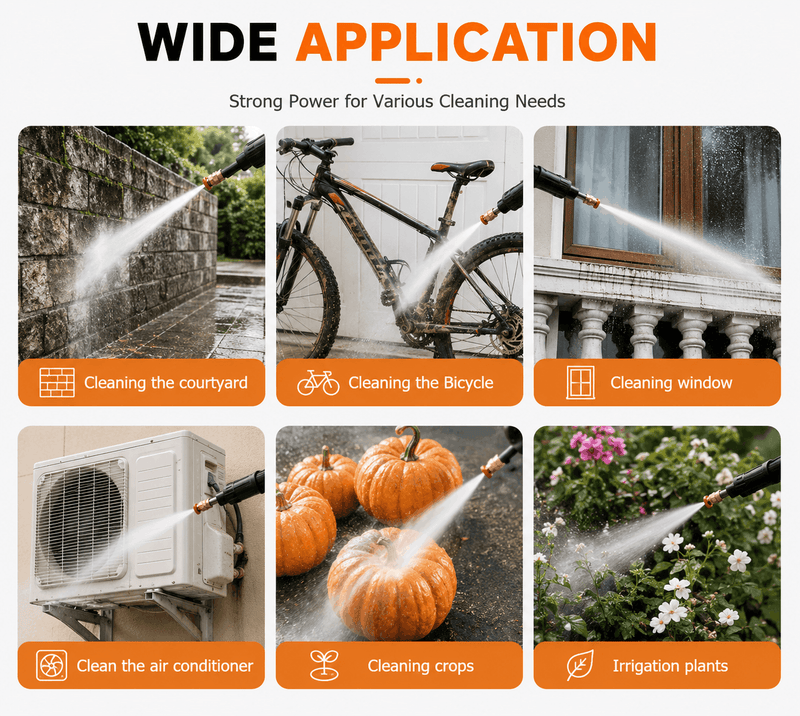 Versatile power washer applications including cleaning courtyards, bicycles, windows, and irrigating plants