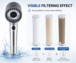 Water filter with three filter cartridges and a visible filtering effect illustration.
