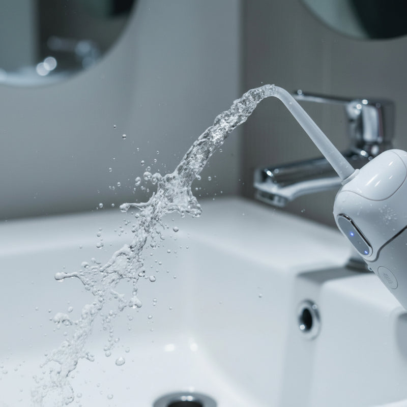Water flowing from a modern faucet into a sink. At Aezoon