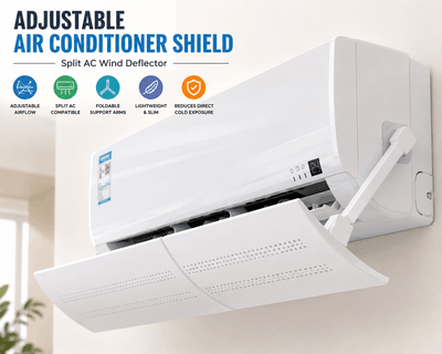 White adjustable air conditioner shield wind deflector installed under a wall-mounted split AC unit.