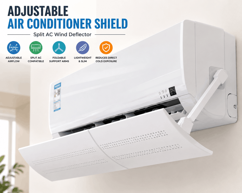White adjustable air conditioner shield wind deflector installed under a wall-mounted split AC unit.
