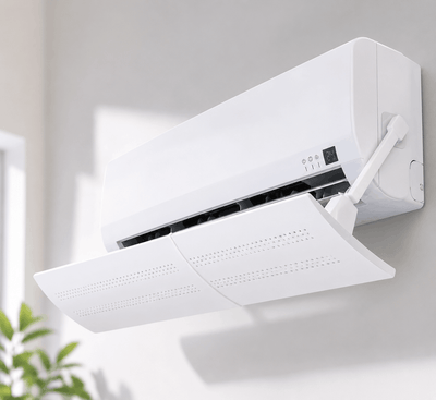 White air conditioner mounted on a light gray wall with a plant in the corner.