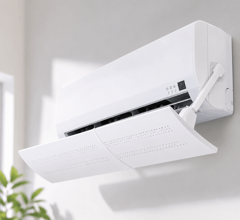 White air conditioner mounted on a light gray wall with a plant in the corner.