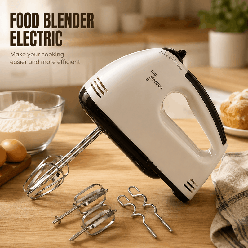 White and black electric hand mixer on a kitchen counter with attachments and ingredients.