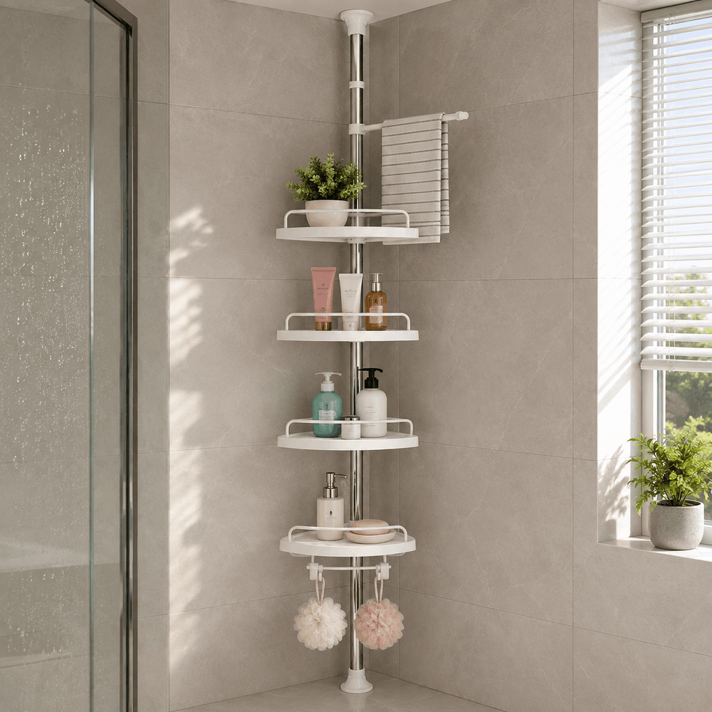 White corner shower shelf set mounted on a tiled bathroom wall, holding toiletries and a folded towel, with a shower door and window visible.