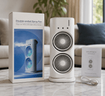 White double-ended spray fan on a marble surface with packaging and USB cable in the background.